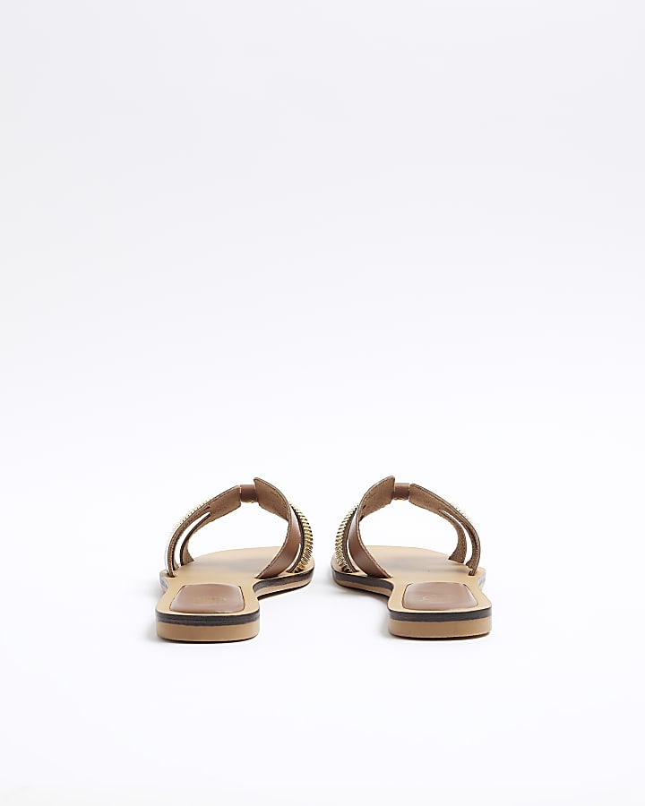 Brown Wide Fit Leather Flat Sandals