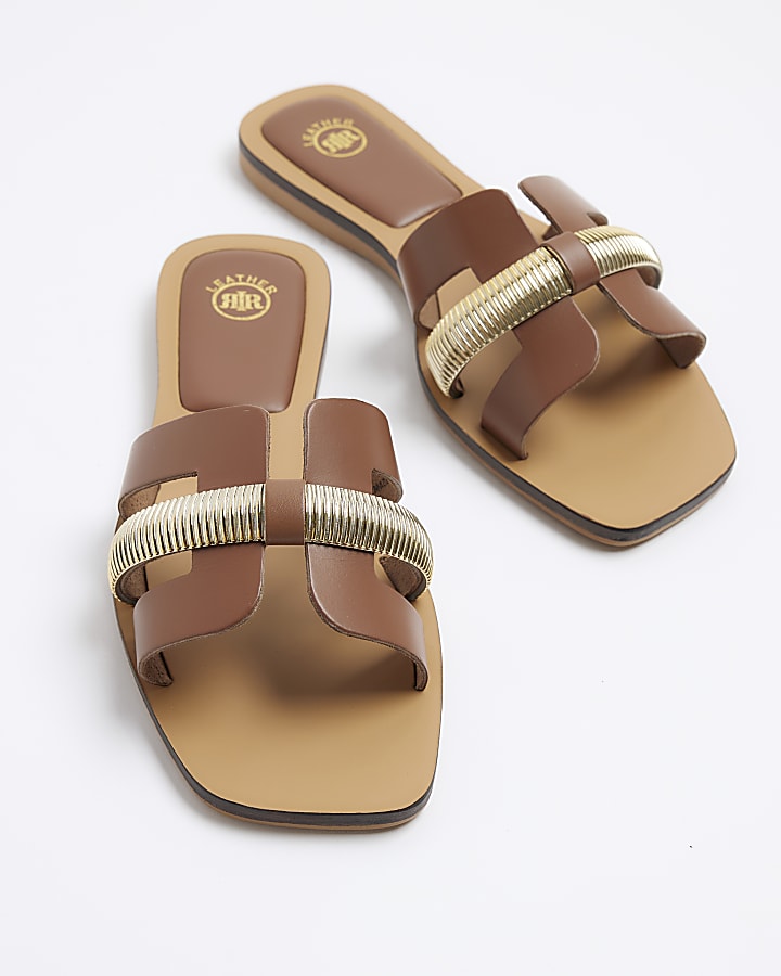Brown Wide Fit Leather Flat Sandals