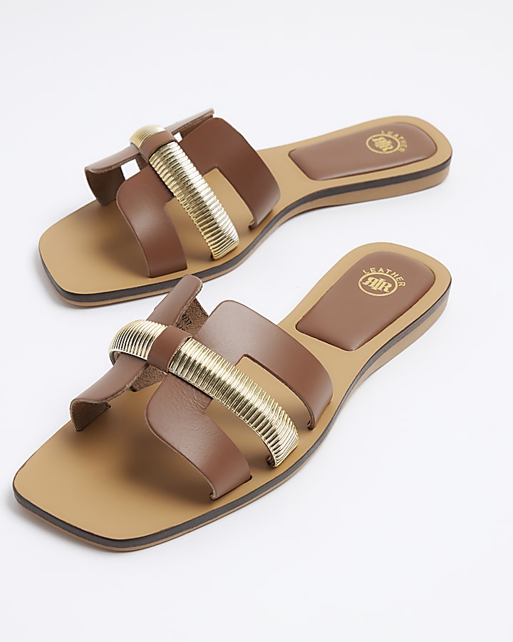 Brown Wide Fit Leather Flat Sandals