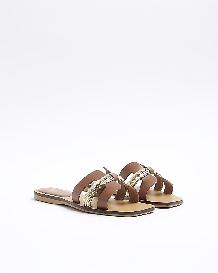 Brown Wide Fit Leather Flat Sandals