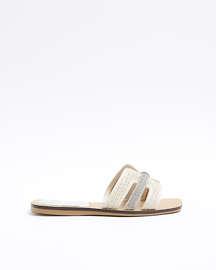 Beige wide fit raffia diamante flat sandals