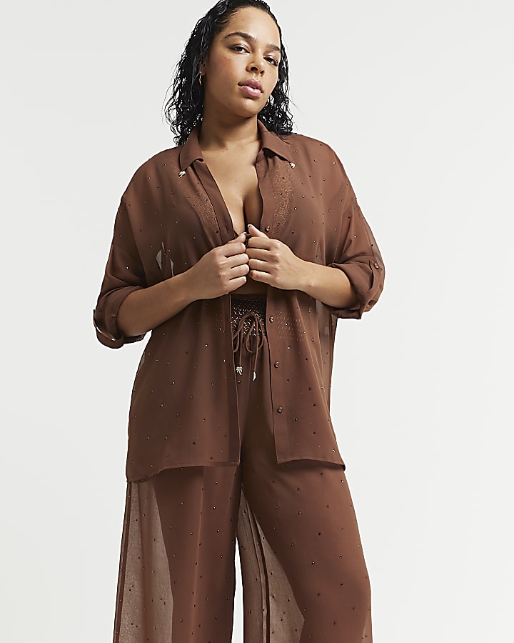 Brown sheer diamante beach trousers