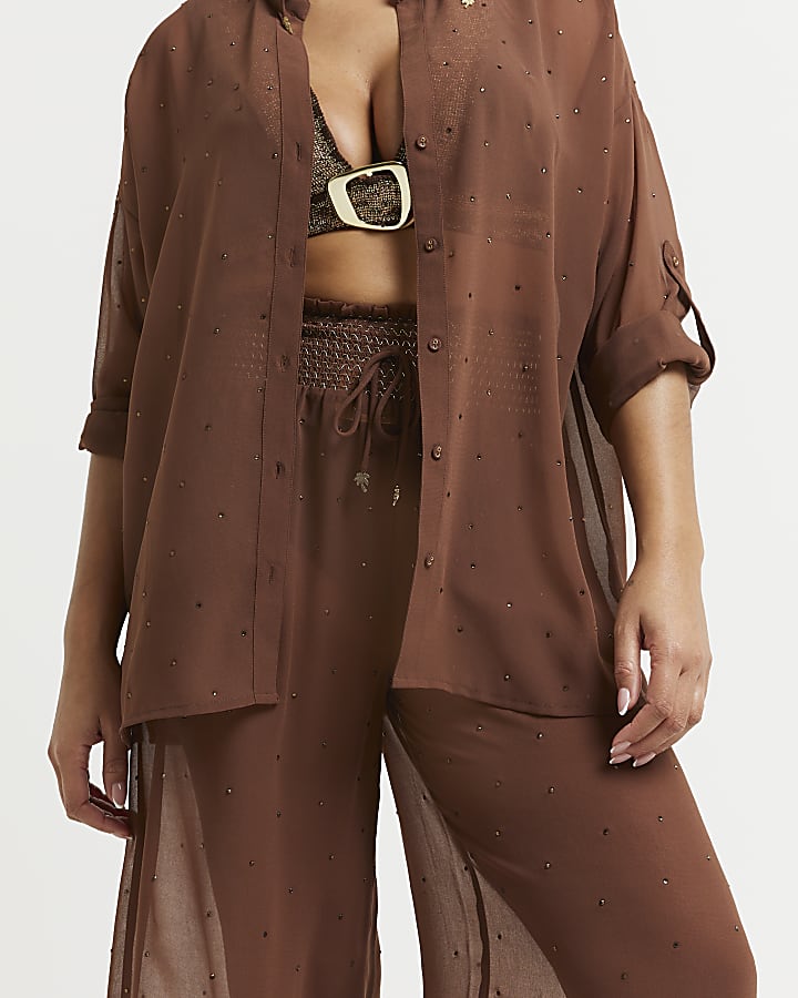 Brown sheer diamante beach trousers