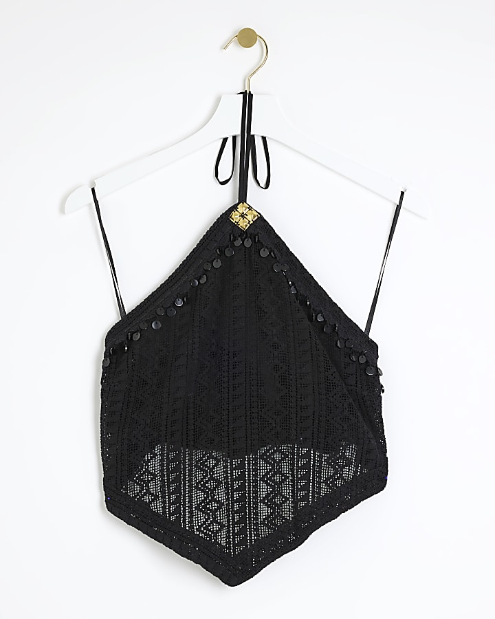 Black crochet halter neck top