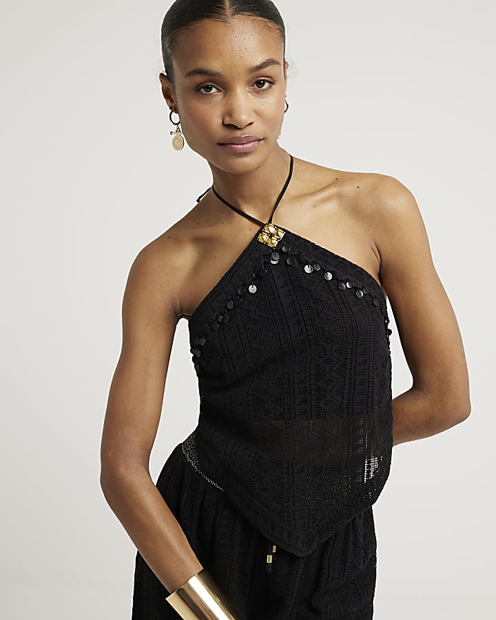 Black crochet halter neck top