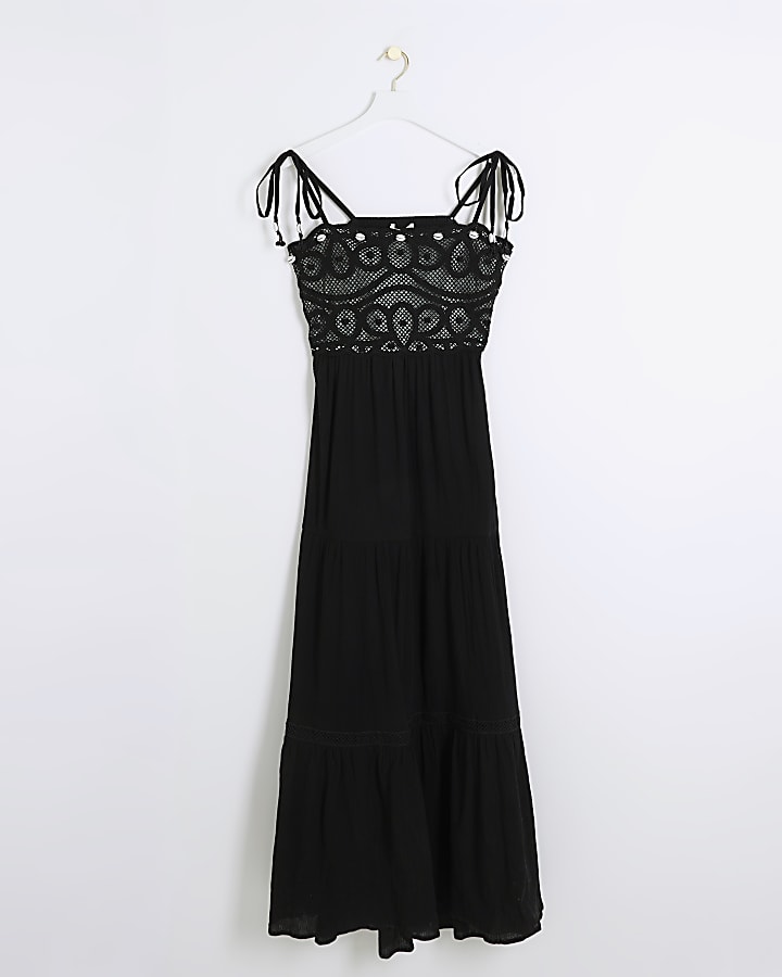 Black crochet tiered maxi dress