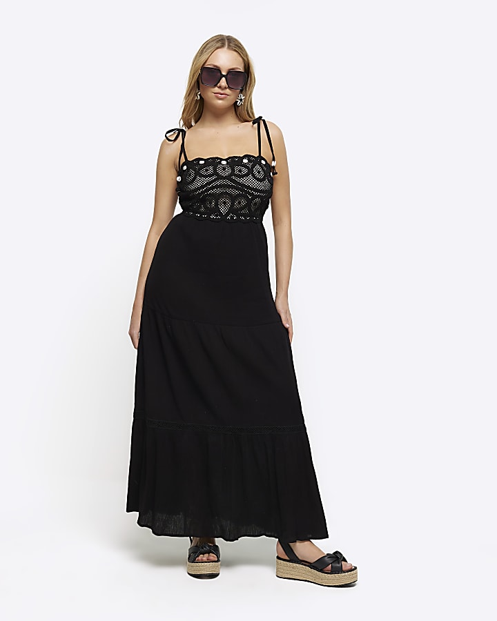Black crochet tiered maxi dress