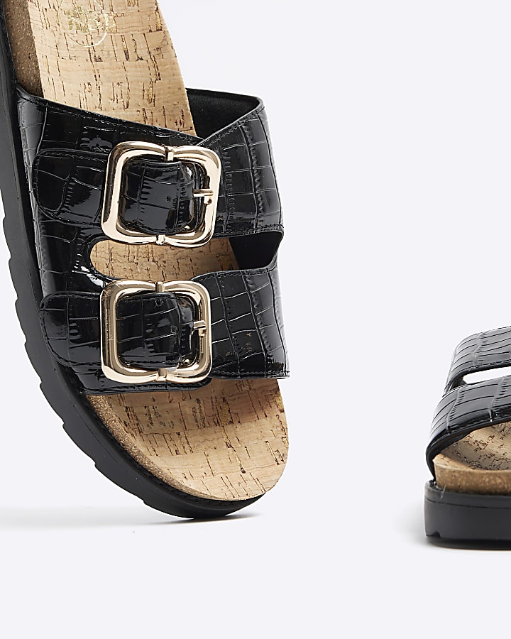 Black Wide Fit Double Buckle Sandal