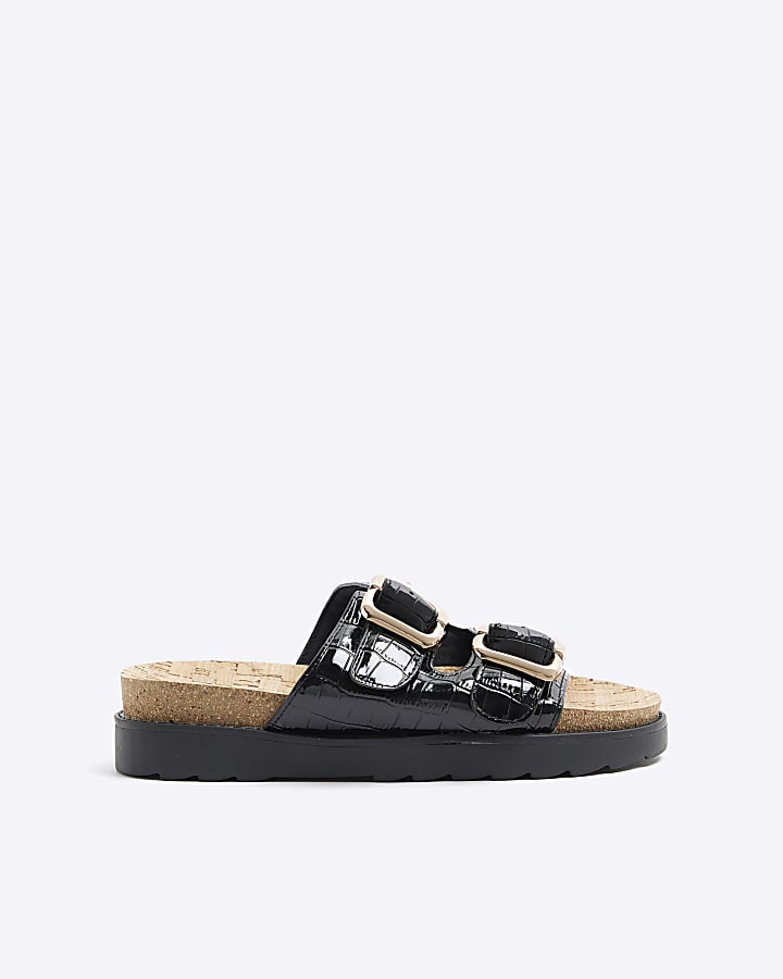 Black Wide Fit Double Buckle Sandal