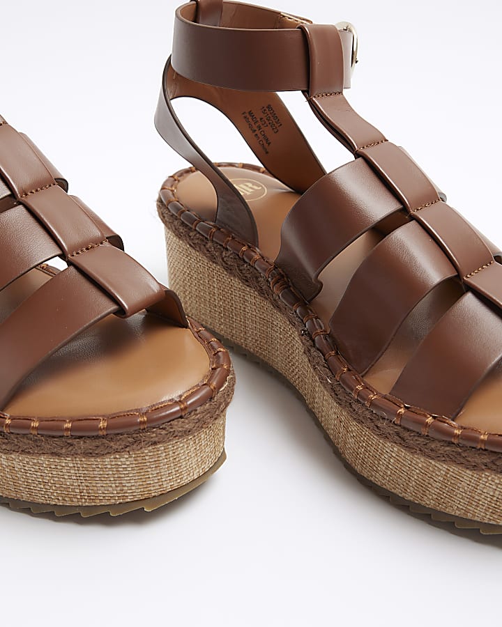 Brown wide fit gladiator flatform sandals