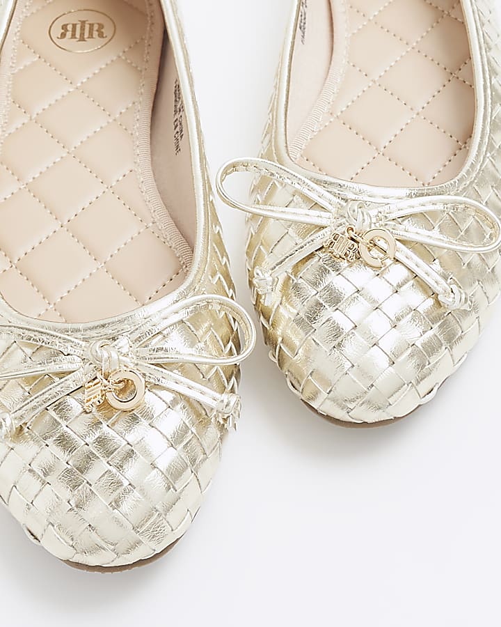 Gold weave bow ballet pumps