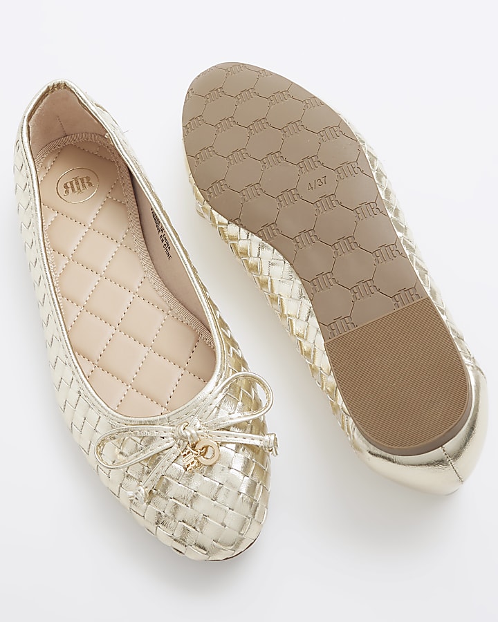 Gold weave bow ballet pumps