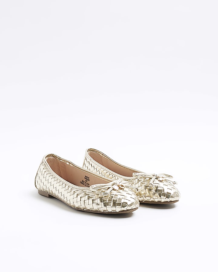 Gold weave bow ballet pumps