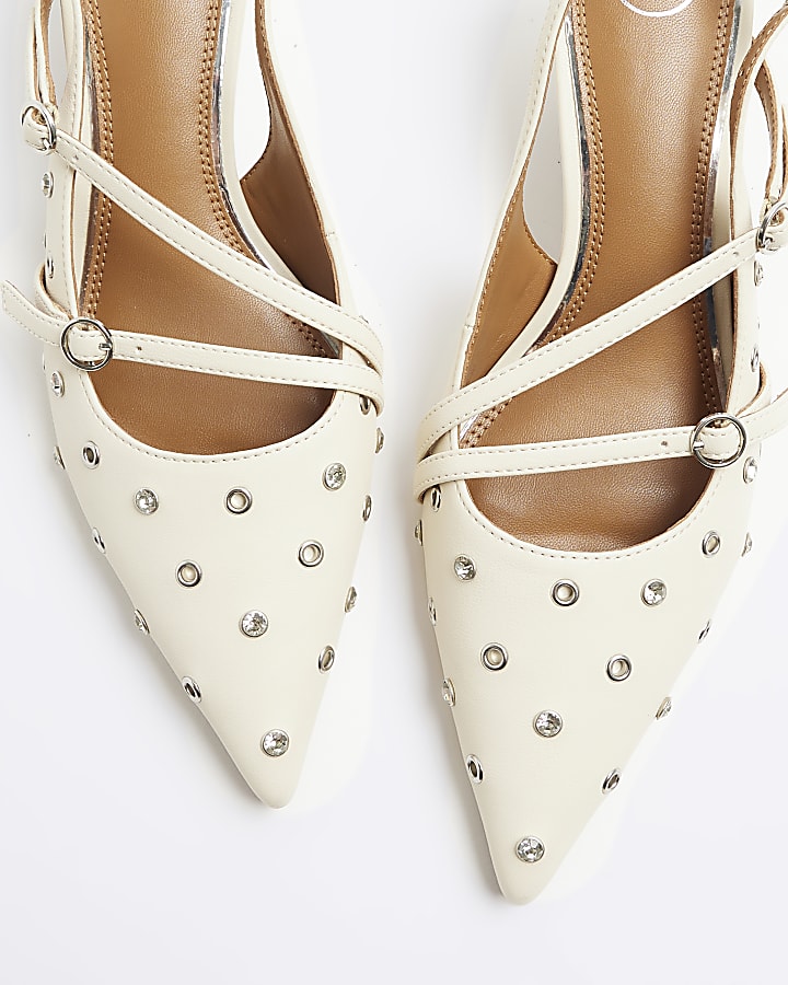 White eyelet strappy heeled court shoes