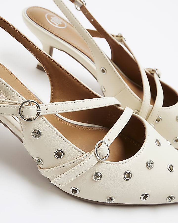 White eyelet strappy heeled court shoes