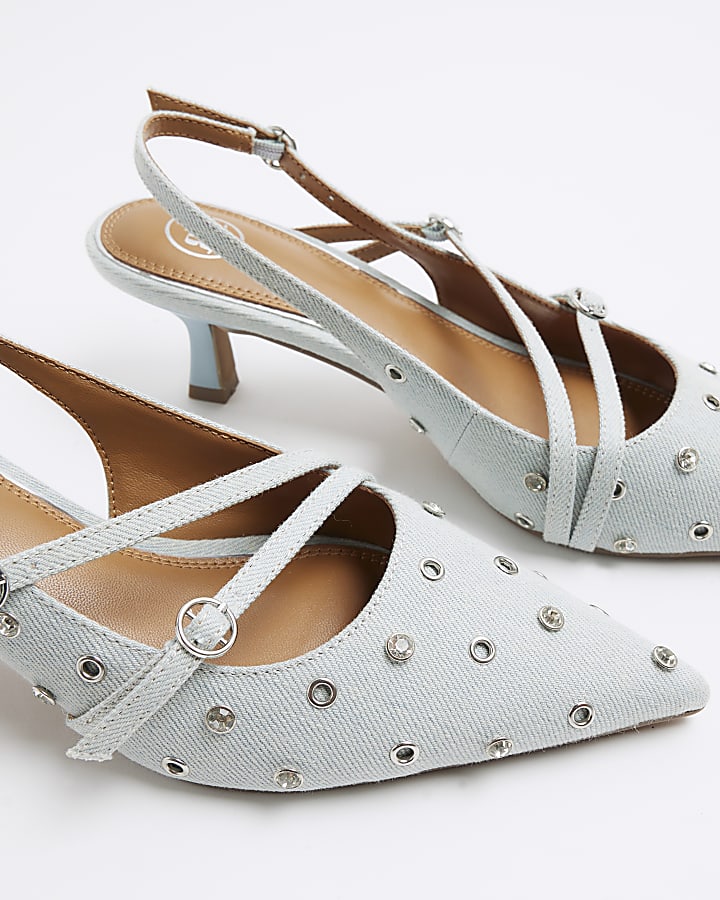 Blue eyelet denim heeled court shoes