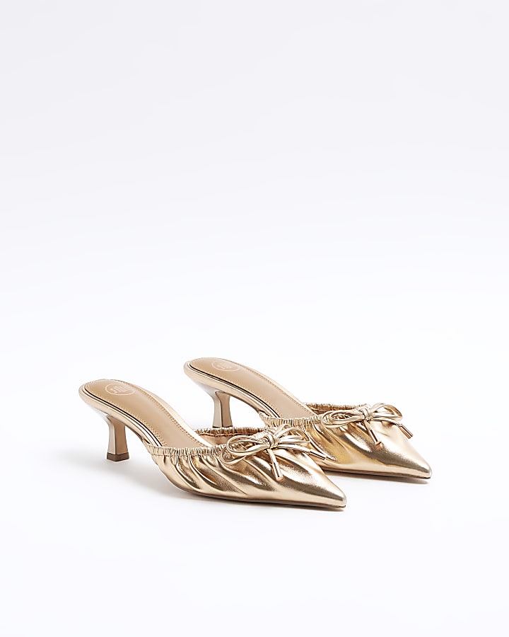 Rose gold ruched kitten heel court shoes