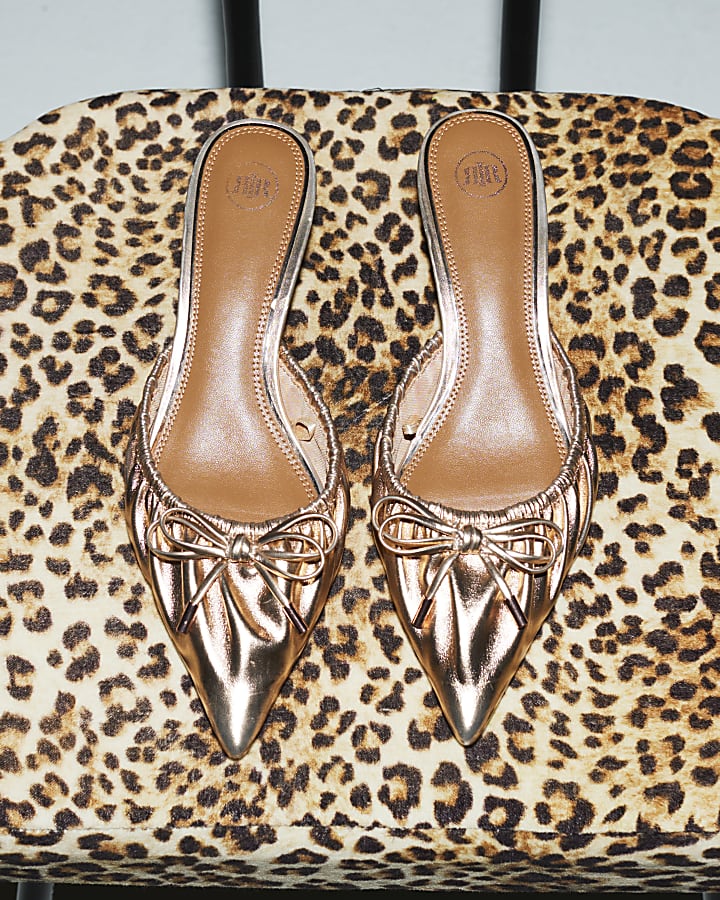 Rose gold ruched kitten heel court shoes