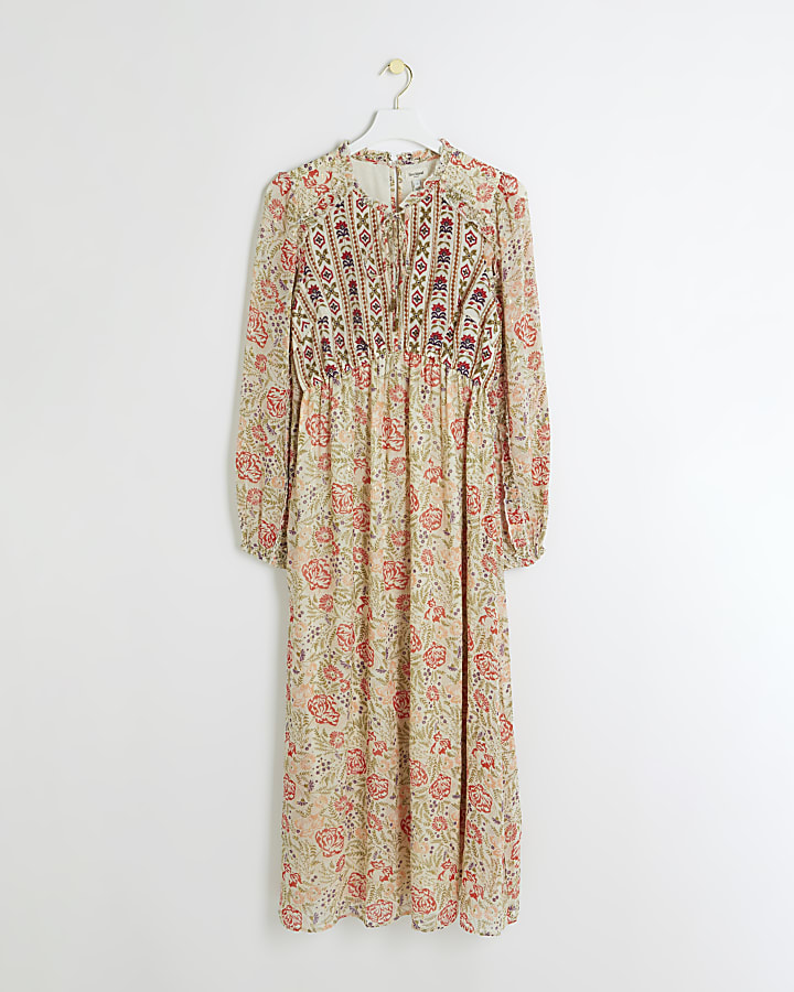 Cream floral embroidered smock midi dress