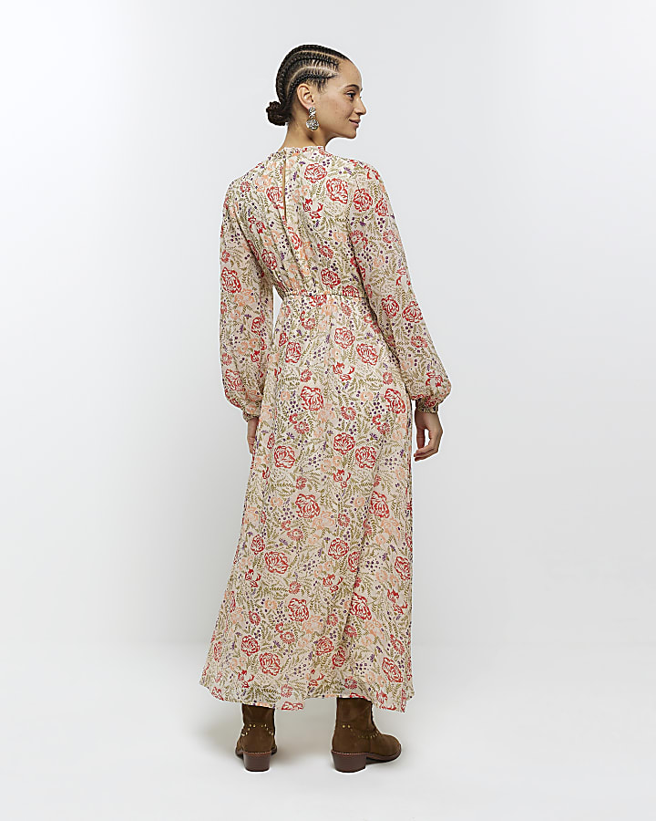 Cream floral embroidered smock midi dress