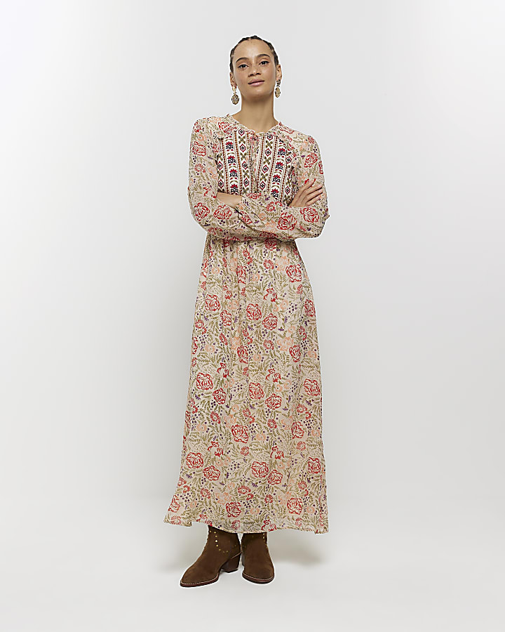 Cream floral embroidered smock midi dress