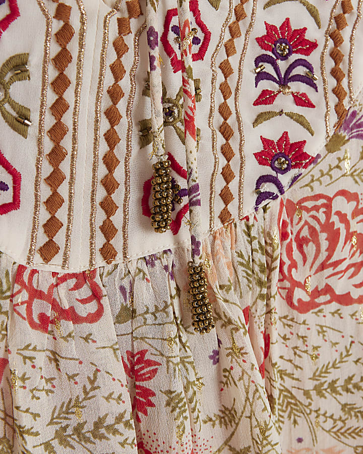 Cream floral embroidered smock top