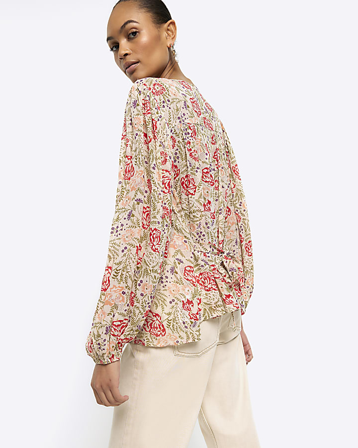 Cream floral embroidered smock top