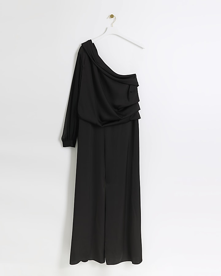Plus black one shoulder wide leg jumpsuit