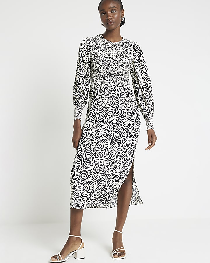 Black abstract shirred swing midi dress
