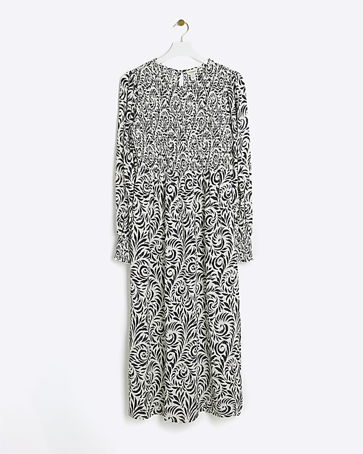 Black abstract shirred swing midi dress