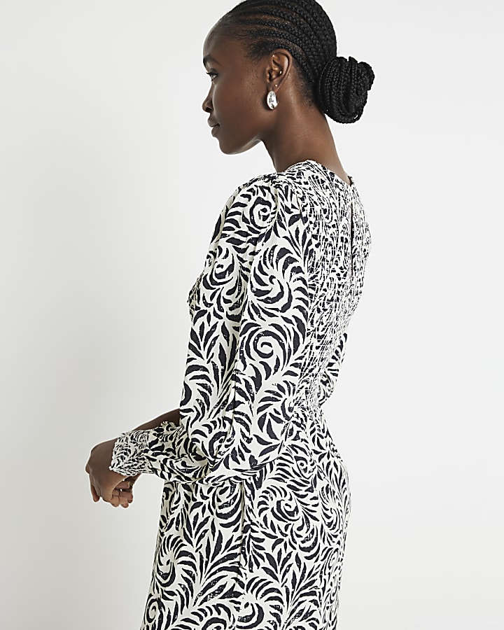 Black abstract shirred swing midi dress