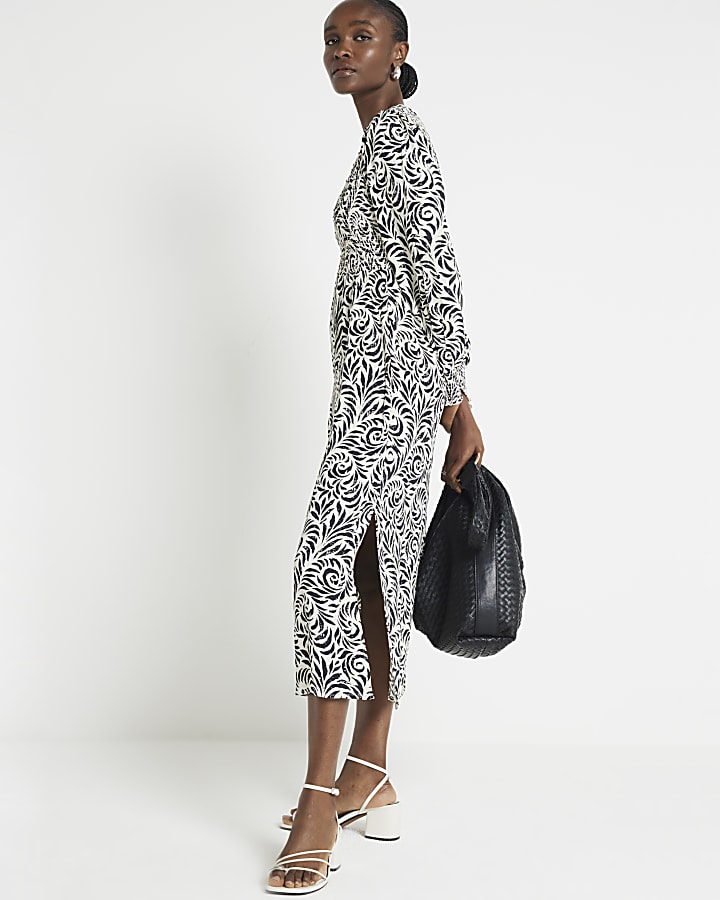 Black abstract shirred swing midi dress