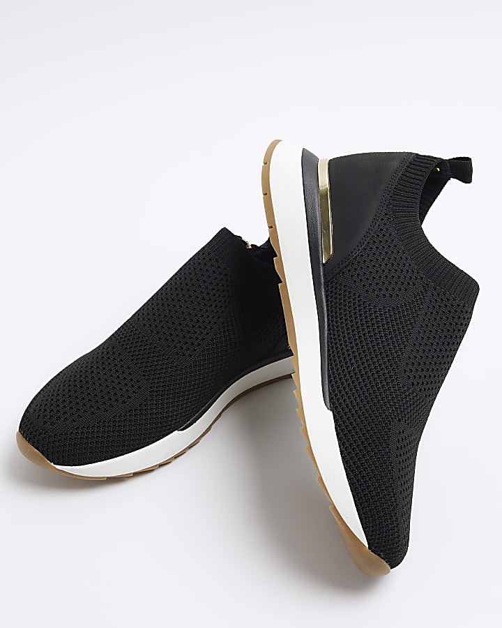 Black wide fit knit side zip trainers