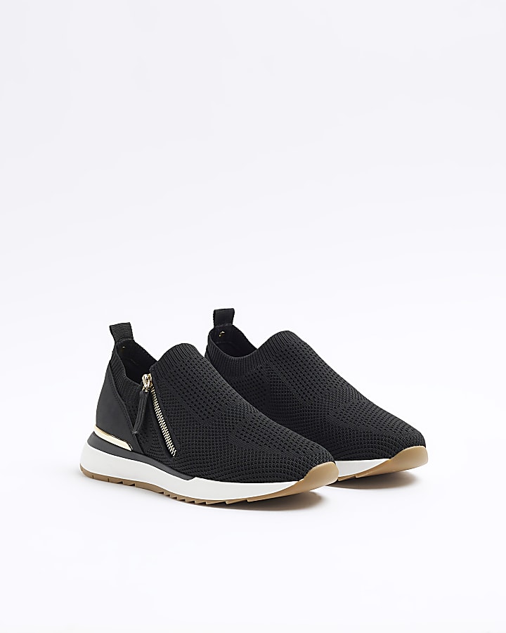 Black wide fit knit side zip trainers