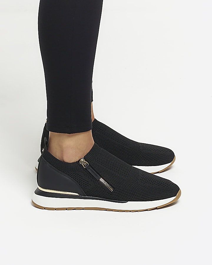 Black wide fit knit side zip trainers