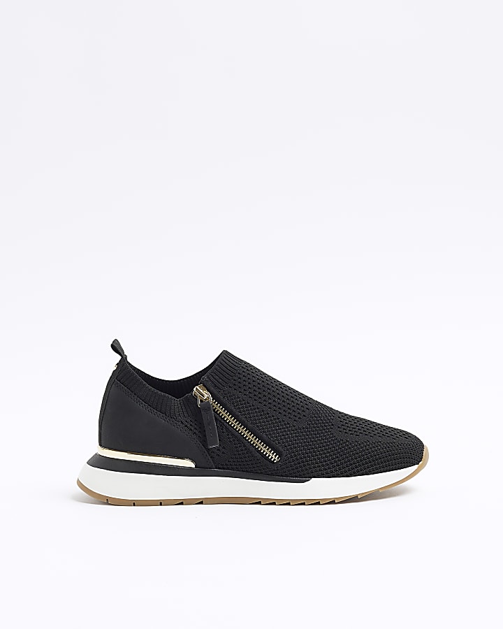 Black wide fit knit side zip trainers