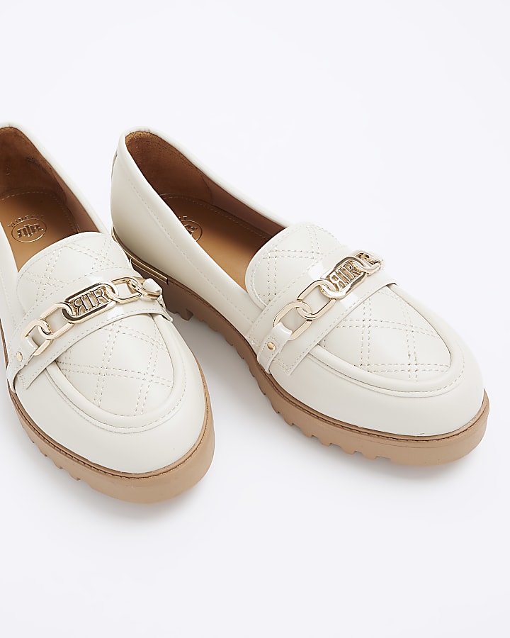 Cream wide fit quilted chain loafers