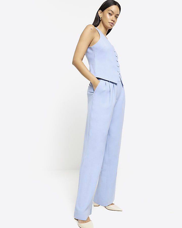 Blue pleated detail wide leg trousers