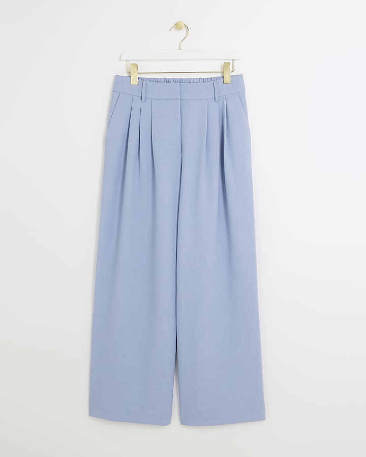 Blue pleated detail wide leg trousers