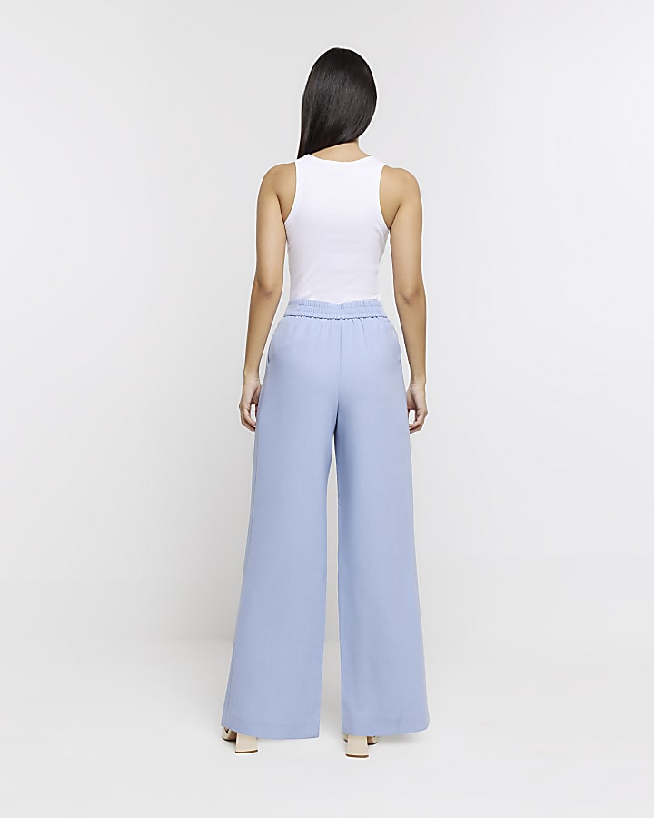 Blue pleated detail wide leg trousers