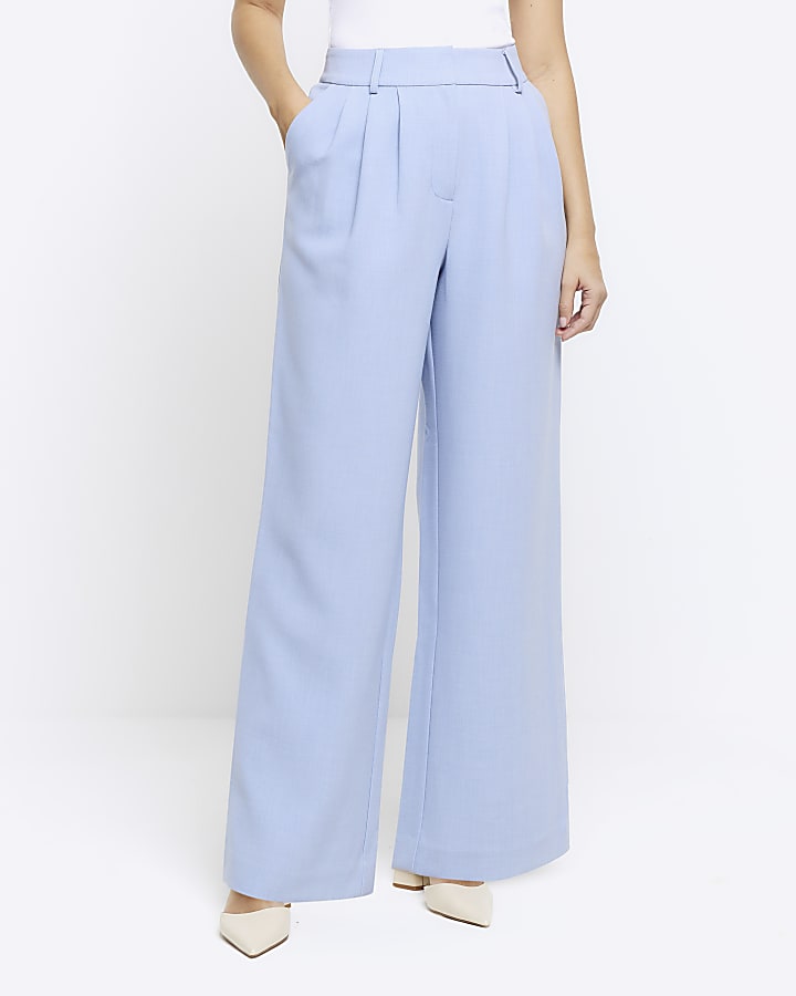 Blue pleated detail wide leg trousers
