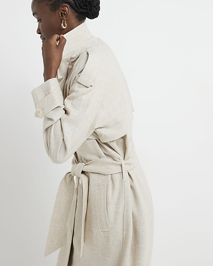 Cream linen blend belted trench coat