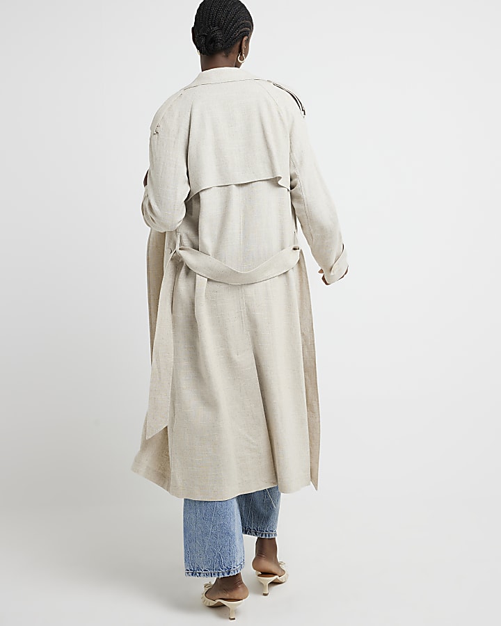 Cream linen blend belted trench coat