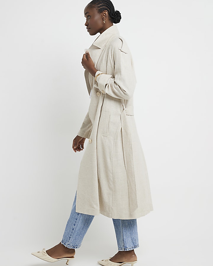 Cream linen blend belted trench coat