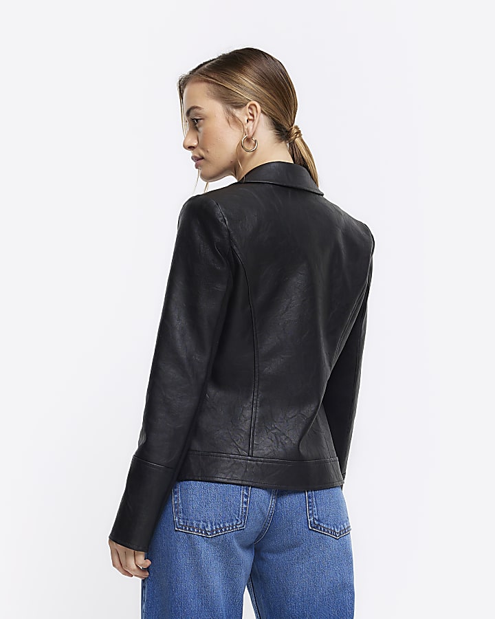 Petite black faux leather blazer