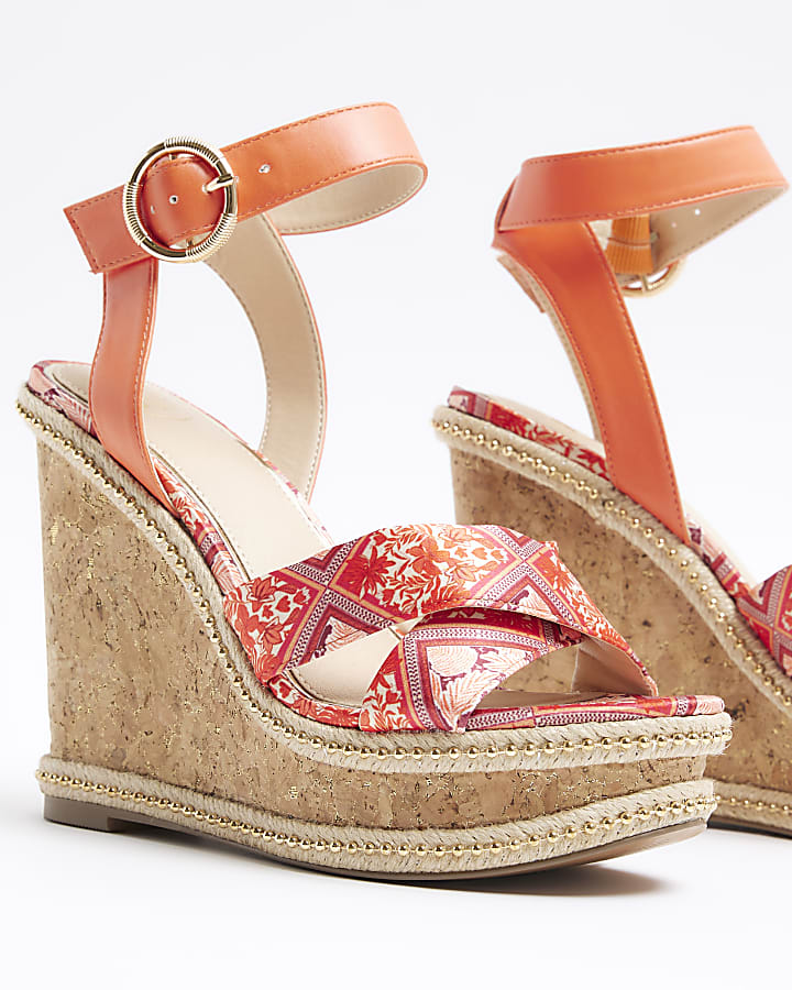 Orange floral crossed wedge sandals