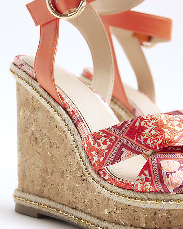 Orange floral crossed wedge sandals