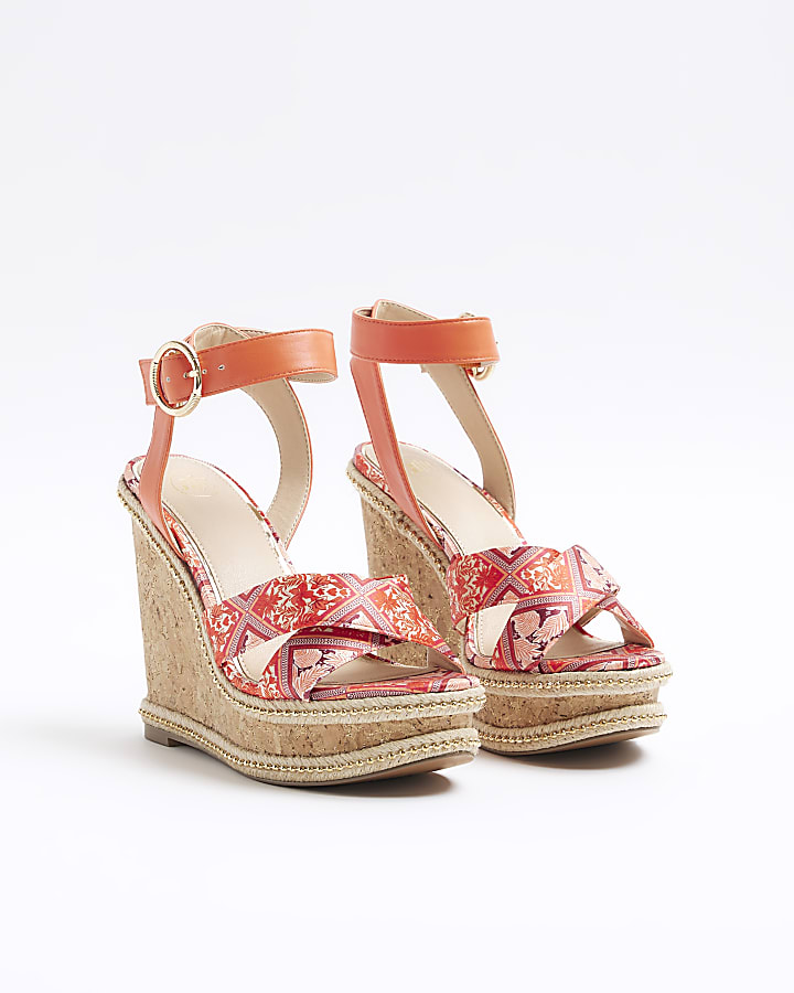 Orange floral crossed wedge sandals