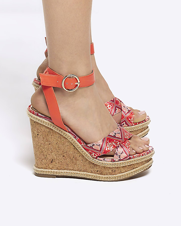 Orange floral crossed wedge sandals