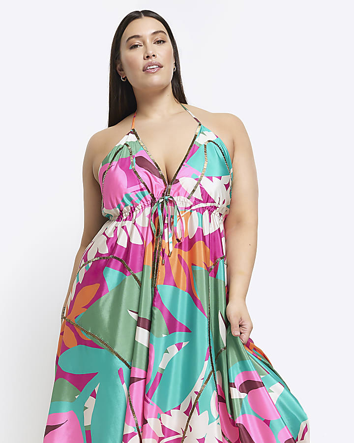 Plus purple floral open back beach maxi dress